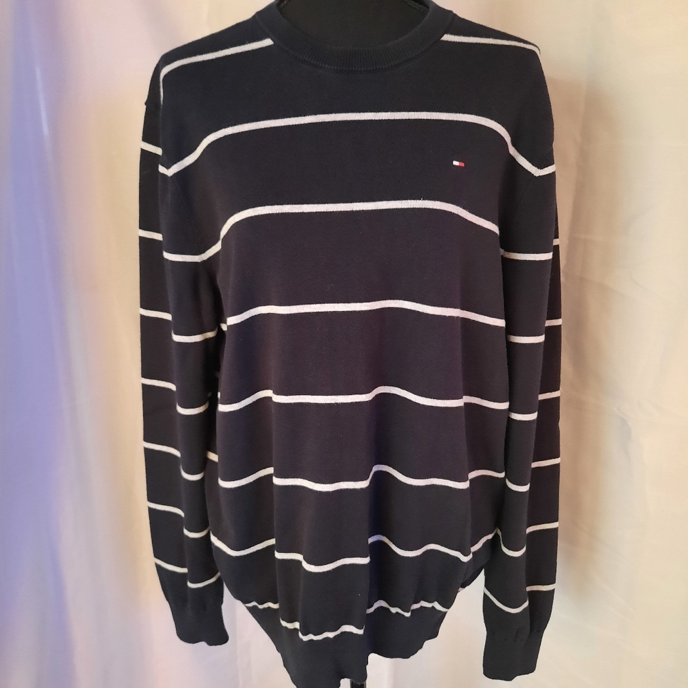 Tommy Hilfiger Sweater Mens Lg Blue White Classic Stripe Logo Preppy